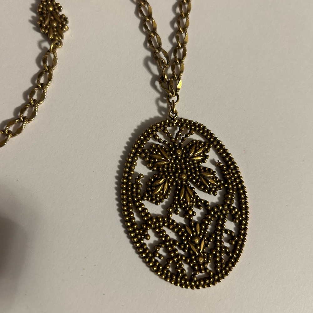 Designer Signed Accessocraft NYC Long Antique Goldtone Necklace Floral Pendant